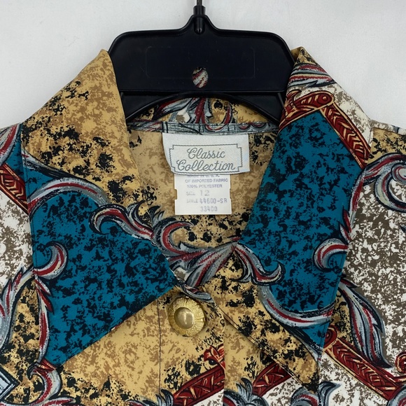 Classic Collection Womens Size 12 Vintage Button Up Blouse Teal Beige Red Print - Picture 4 of 9